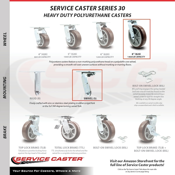 8 Inch Stainless Steel Polyurethane Wheel Swivel Caster With Roller Bearing SCC